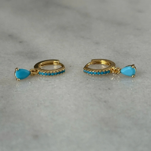 Modest Lu Jewelry - Gold Turquoise Tear Drop Crystal Huggie Hoop Earrings